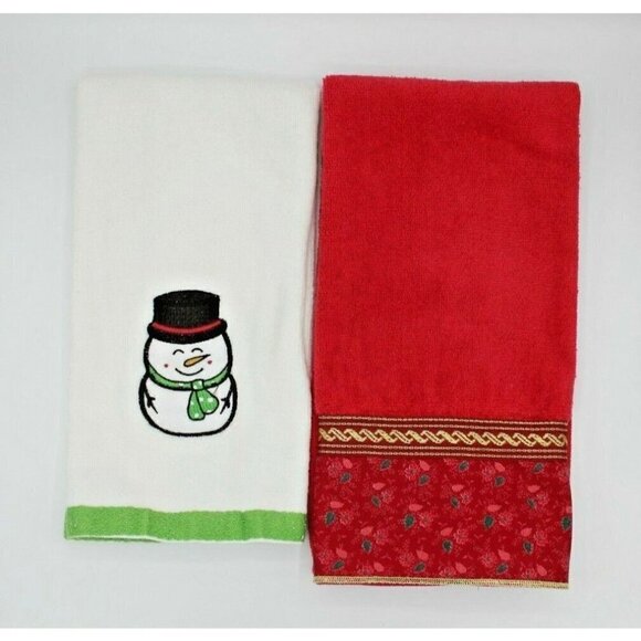 Christmas Hand Towels Lot 2 Holiday Guest Red White Green Gold Snowman Flower - Picture 1 of 10